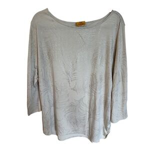 Ruby Rd Woman 3X Beige‎ Silver Foil Feather Print 3/4 Sleeve Top 76294 Plus Size